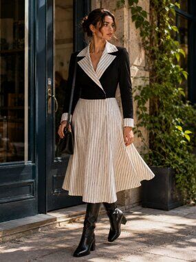 Vintage 1970s R&K Knits Black Cream Pinstripe Knit Midi Dress M